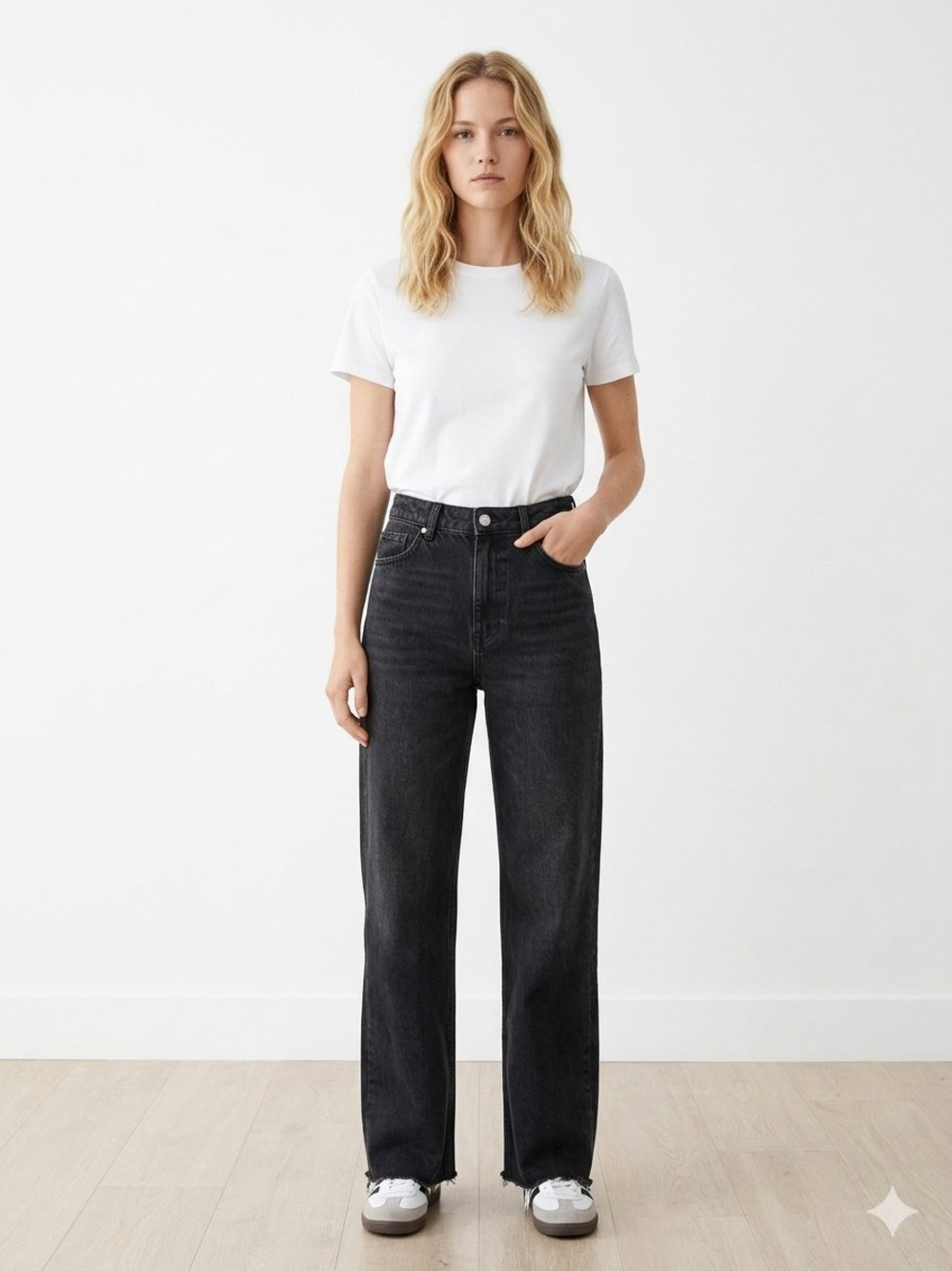 ZARA High Rise Wide Leg Faded Charcoal Black Jeans Raw Hem Size 6
